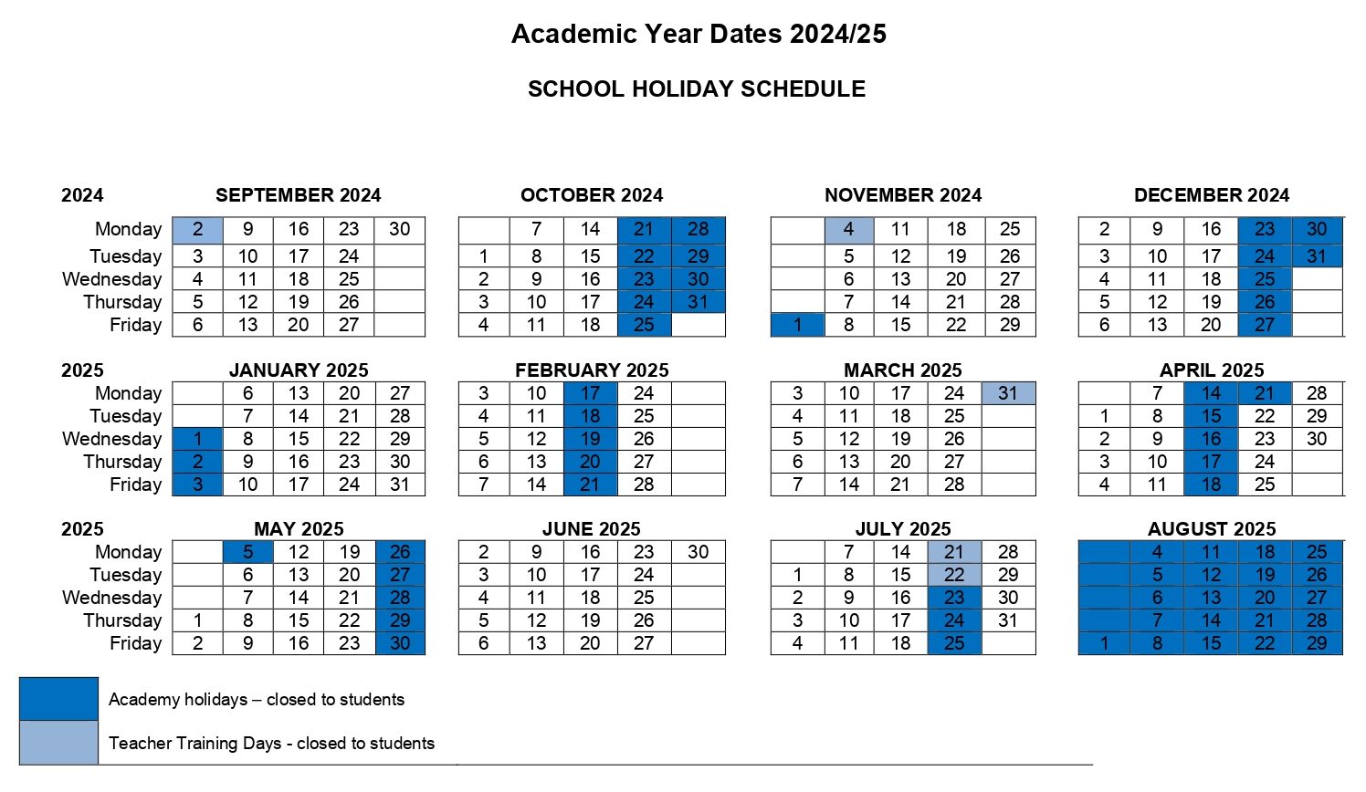 Term Dates Trinity Academy Grammar